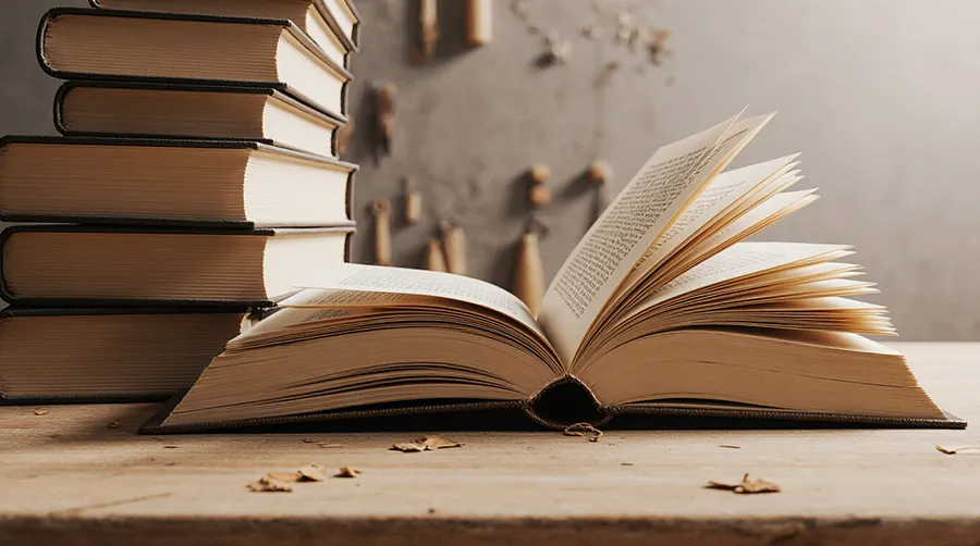 چندین کتاب قطور روی یک میز با صحافی های مختلف